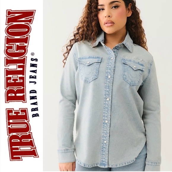 NWT True Religion Light Bliss Wash Logo Georgia Long Sleeve Denim Shirt Sz Small - Picture 1 of 12